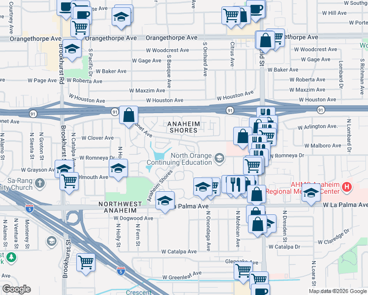 map of restaurants, bars, coffee shops, grocery stores, and more near 1318 Coronet Avenue in Anaheim