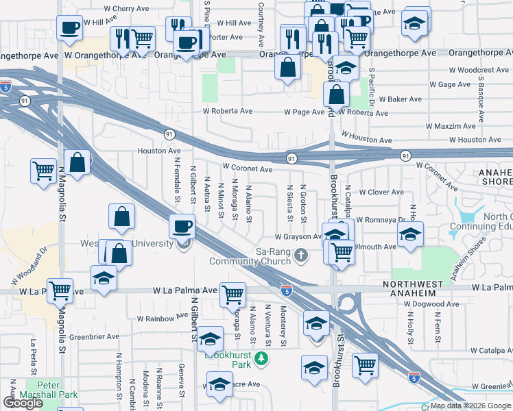 map of restaurants, bars, coffee shops, grocery stores, and more near 1313 North Alamo Street in Anaheim