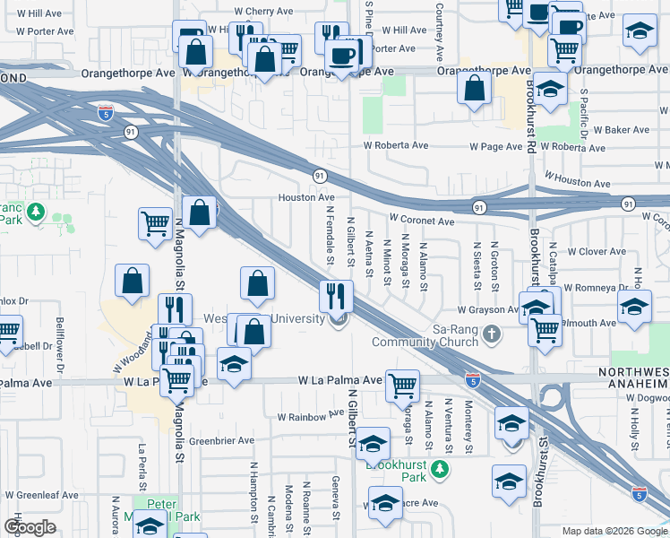 map of restaurants, bars, coffee shops, grocery stores, and more near 1323 North Ferndale Street in Anaheim