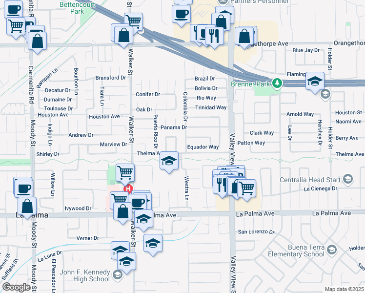 map of restaurants, bars, coffee shops, grocery stores, and more near 7572 Mexico Way in Buena Park