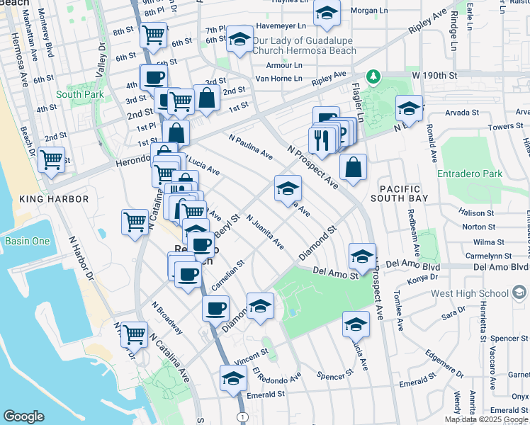 map of restaurants, bars, coffee shops, grocery stores, and more near 629 North Lucia Avenue in Redondo Beach