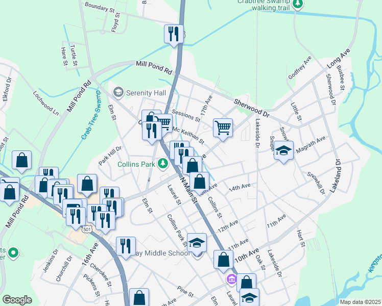 map of restaurants, bars, coffee shops, grocery stores, and more near 1607 Mc Keithan Street in Conway