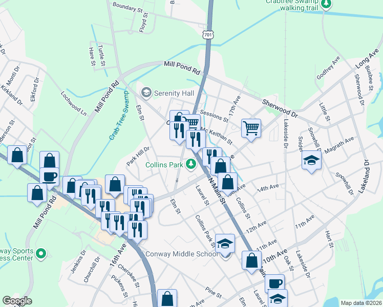 map of restaurants, bars, coffee shops, grocery stores, and more near 1717 North Main Street in Conway