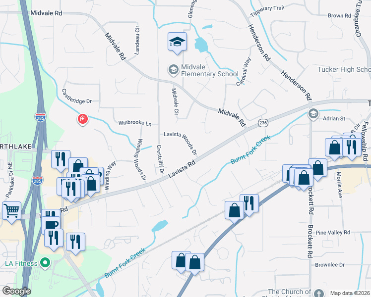 map of restaurants, bars, coffee shops, grocery stores, and more near 2286 Lavista Woods Drive in Tucker