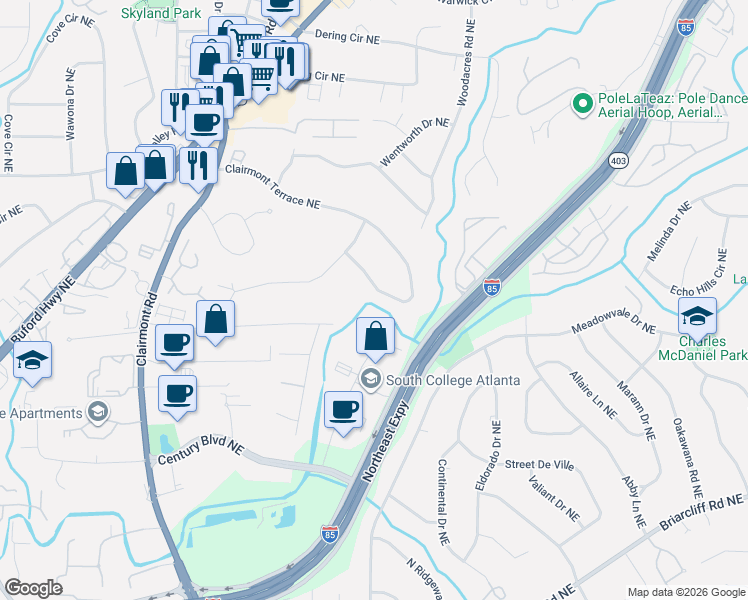 map of restaurants, bars, coffee shops, grocery stores, and more near 2206 Clairmont Terrace Northeast in Atlanta