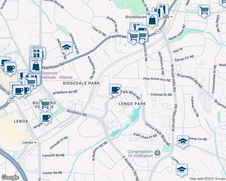 map of restaurants, bars, coffee shops, grocery stores, and more near 1006 Arbor Trce Northeast in Atlanta