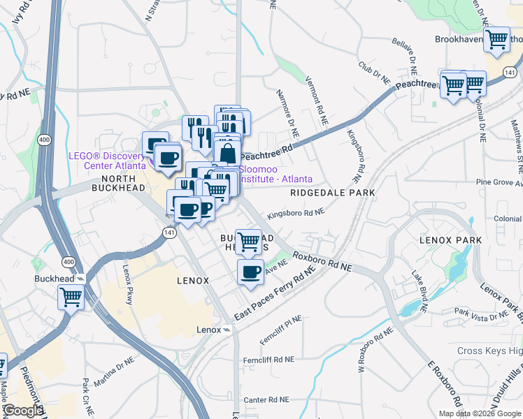 map of restaurants, bars, coffee shops, grocery stores, and more near 3549 Roxboro Road in Atlanta