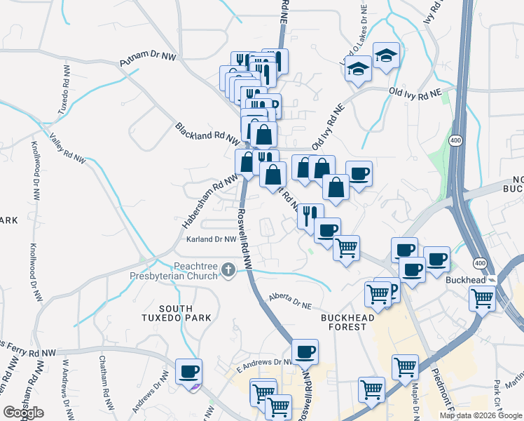 map of restaurants, bars, coffee shops, grocery stores, and more near 3541 Roswell Road Northeast in Atlanta