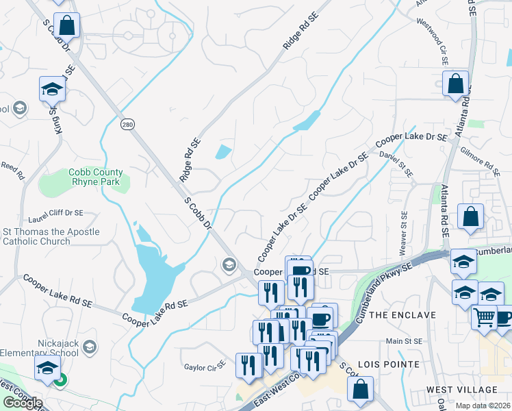 map of restaurants, bars, coffee shops, grocery stores, and more near 4247 Millside Walk Southeast in Smyrna