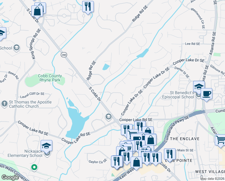 map of restaurants, bars, coffee shops, grocery stores, and more near 1602 Shamrock Trail in Smyrna
