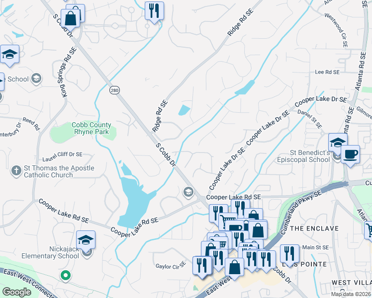 map of restaurants, bars, coffee shops, grocery stores, and more near 1602 Shamrock Trail in Smyrna