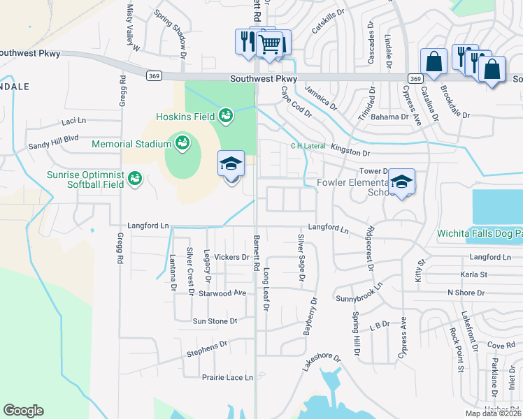 map of restaurants, bars, coffee shops, grocery stores, and more near 4935 Whisper Wind Drive in Wichita Falls