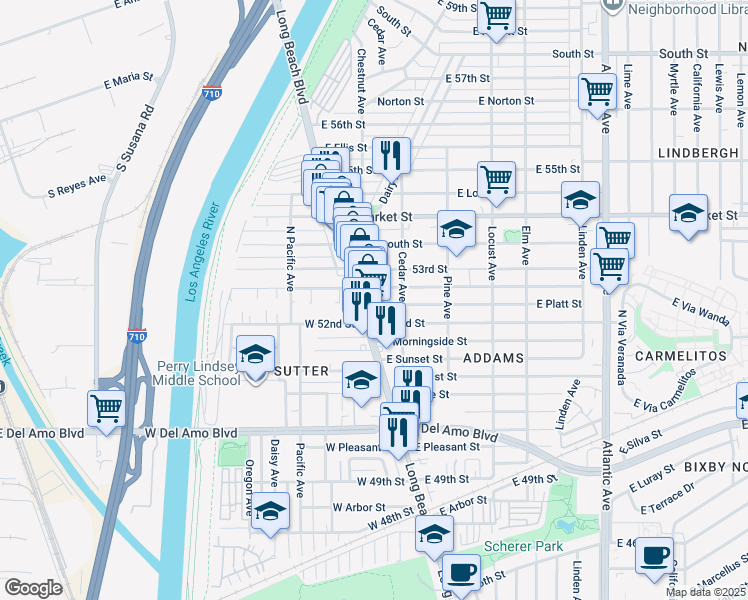 map of restaurants, bars, coffee shops, grocery stores, and more near 19 East Platt Street in Long Beach