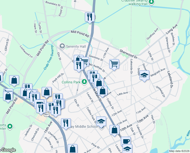 map of restaurants, bars, coffee shops, grocery stores, and more near 804 17th Avenue in Conway