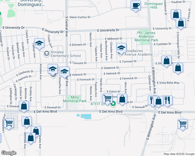 map of restaurants, bars, coffee shops, grocery stores, and more near 19722 Tajauta Avenue in Carson