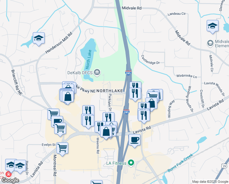 map of restaurants, bars, coffee shops, grocery stores, and more near 3421 Northlake Parkway in Atlanta
