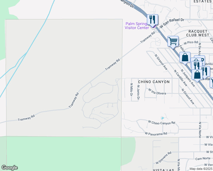map of restaurants, bars, coffee shops, grocery stores, and more near 2215 Winter Sun Drive in Palm Springs