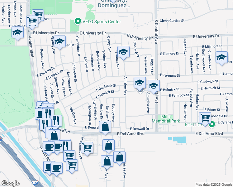 map of restaurants, bars, coffee shops, grocery stores, and more near 1048 East Gladwick Street in Carson