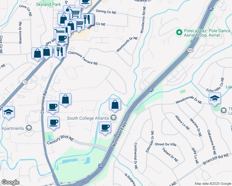 map of restaurants, bars, coffee shops, grocery stores, and more near 2184 Clairmont Terrace Northeast in Atlanta