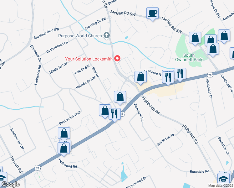 map of restaurants, bars, coffee shops, grocery stores, and more near 2024 Britt Drive in Snellville