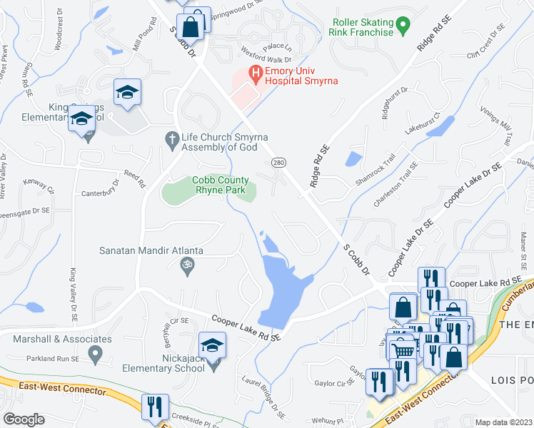 map of restaurants, bars, coffee shops, grocery stores, and more near 4206 Lake Laurel Drive in Smyrna