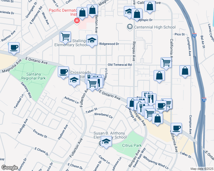 map of restaurants, bars, coffee shops, grocery stores, and more near 940 Birmingham Drive in Corona