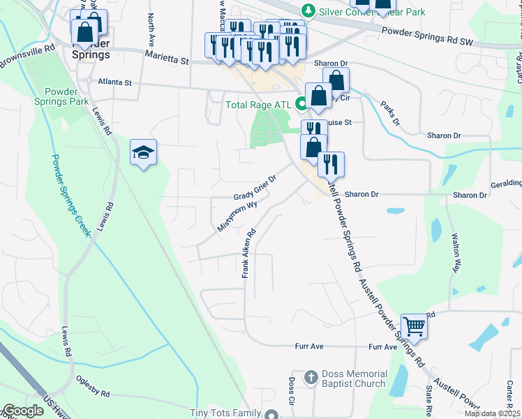 map of restaurants, bars, coffee shops, grocery stores, and more near 5003 Mistymorn Ridge in Powder Springs