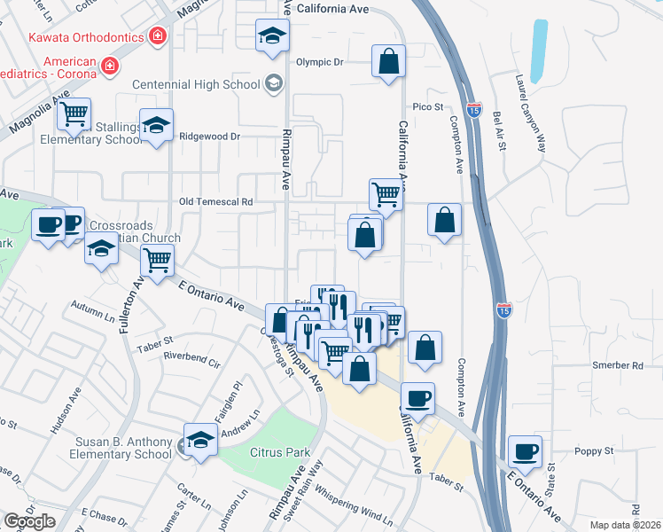 map of restaurants, bars, coffee shops, grocery stores, and more near 2062 Aberdeen Drive in Corona