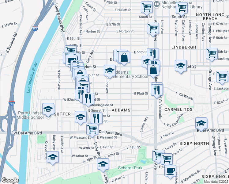 map of restaurants, bars, coffee shops, grocery stores, and more near 245 East Platt Street in Long Beach