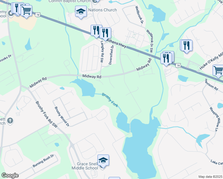 map of restaurants, bars, coffee shops, grocery stores, and more near 3425 Midway Cove Drive in Loganville