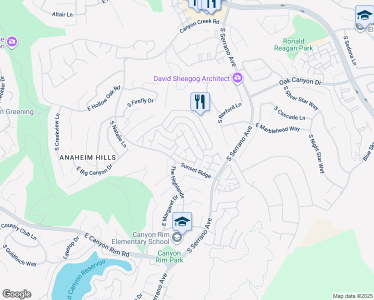 map of restaurants, bars, coffee shops, grocery stores, and more near 7798 East Portofino Avenue in Anaheim