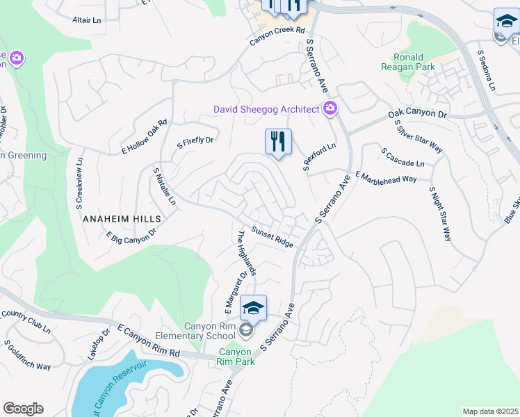 map of restaurants, bars, coffee shops, grocery stores, and more near 1053 South Positano Avenue in Anaheim