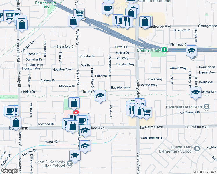 map of restaurants, bars, coffee shops, grocery stores, and more near 7572 Mexico Way in Buena Park