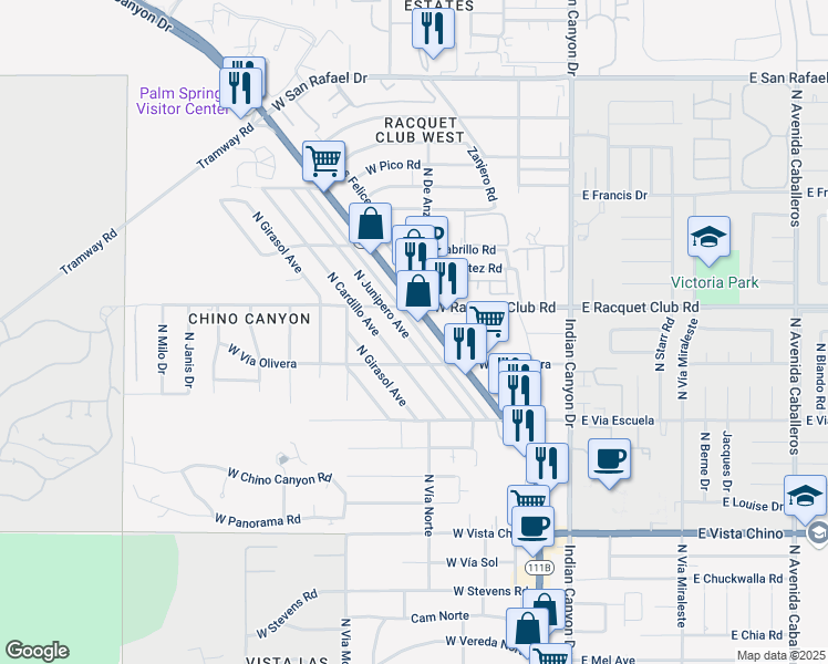 map of restaurants, bars, coffee shops, grocery stores, and more near 2400 North Junipero Avenue in Palm Springs
