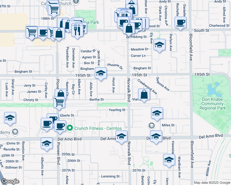 map of restaurants, bars, coffee shops, grocery stores, and more near 19618 Horst Avenue in Cerritos