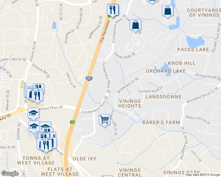 map of restaurants, bars, coffee shops, grocery stores, and more near 4100 Cumberland Parkway Southeast in Atlanta