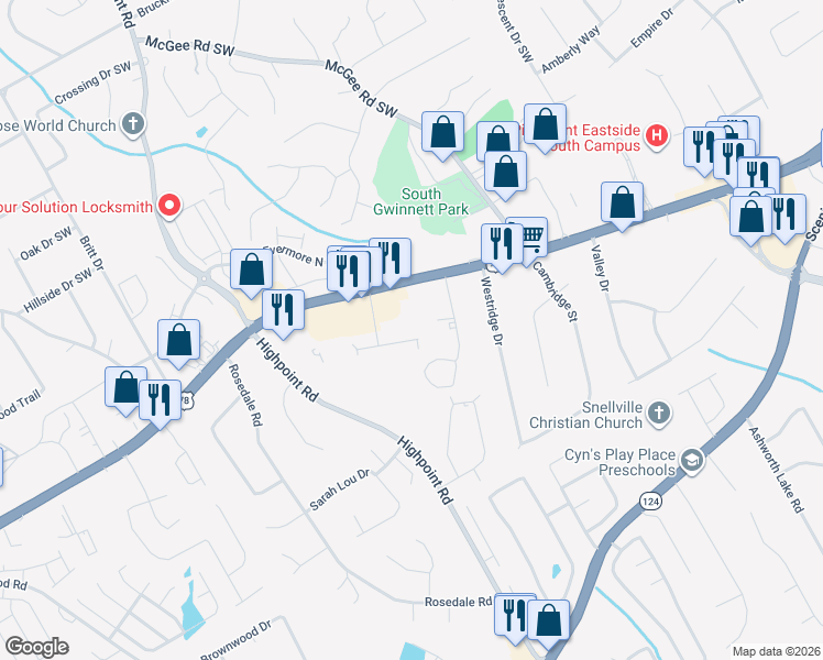 map of restaurants, bars, coffee shops, grocery stores, and more near 3043 Destin Circle in Snellville