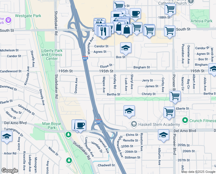 map of restaurants, bars, coffee shops, grocery stores, and more near 19628 Mapes Avenue in Cerritos