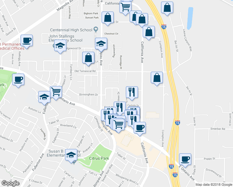 map of restaurants, bars, coffee shops, grocery stores, and more near 2062 Aberdeen Drive in Corona
