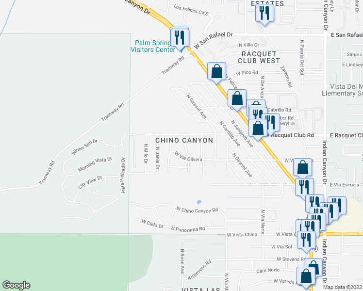 map of restaurants, bars, coffee shops, grocery stores, and more near 2391 North Palermo Drive in Palm Springs