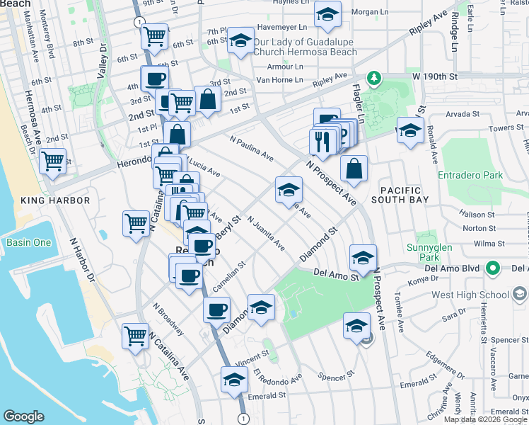 map of restaurants, bars, coffee shops, grocery stores, and more near 629 North Lucia Avenue in Redondo Beach