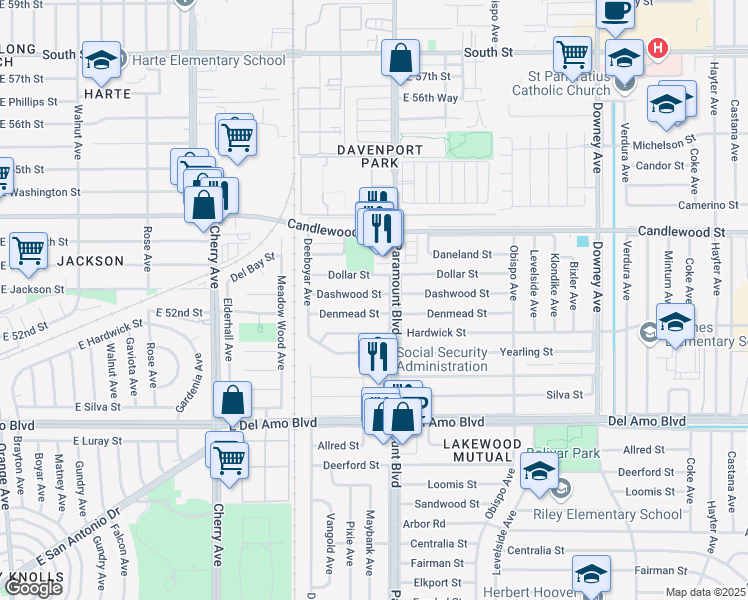 map of restaurants, bars, coffee shops, grocery stores, and more near 2616 Dashwood Street in Lakewood