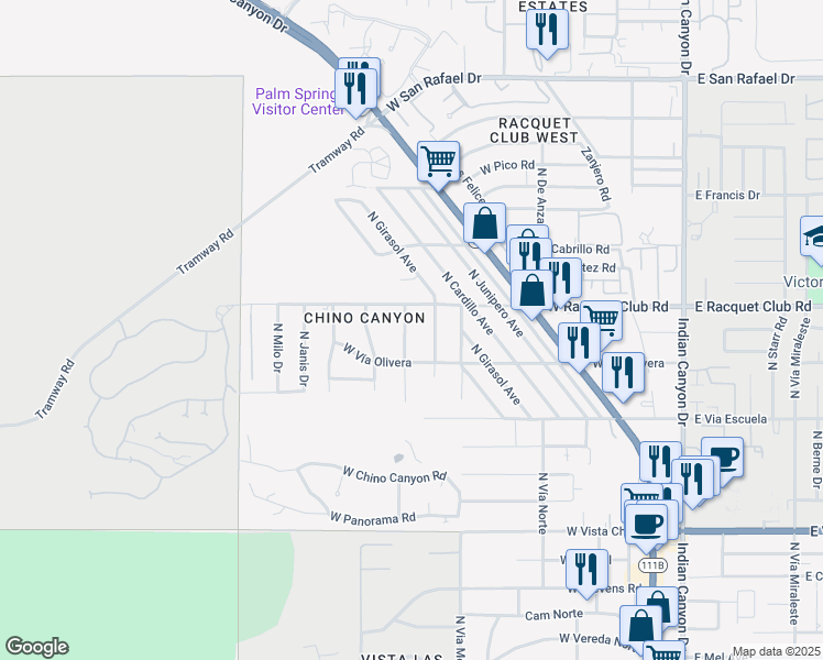 map of restaurants, bars, coffee shops, grocery stores, and more near 2480 North Leonard Road in Palm Springs