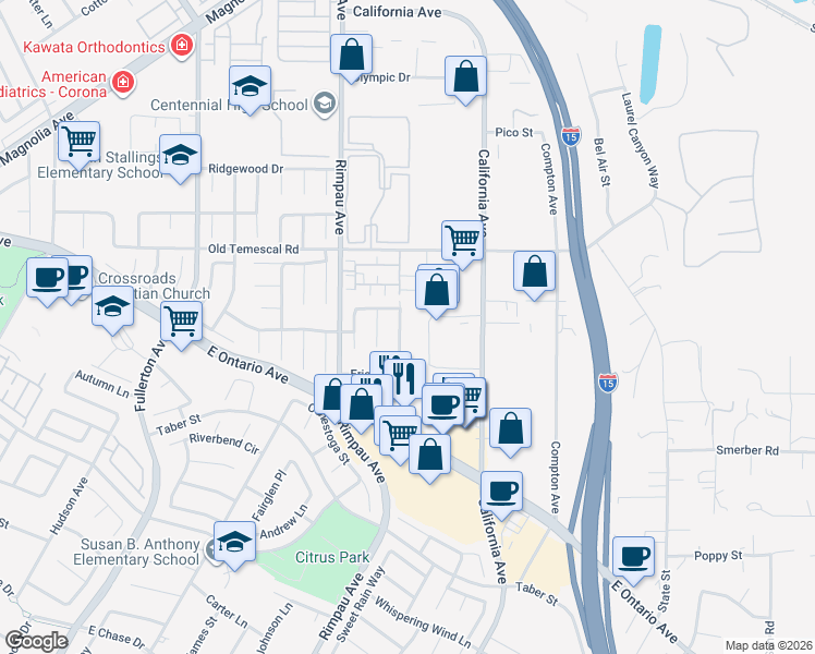map of restaurants, bars, coffee shops, grocery stores, and more near 2054 Cecilia Circle in Corona
