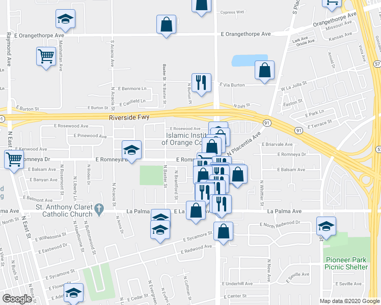 map of restaurants, bars, coffee shops, grocery stores, and more near 1919 North State College Boulevard in Anaheim