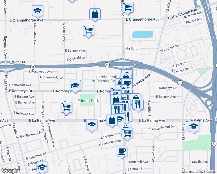 map of restaurants, bars, coffee shops, grocery stores, and more near 1812 East Briarvale Avenue in Anaheim