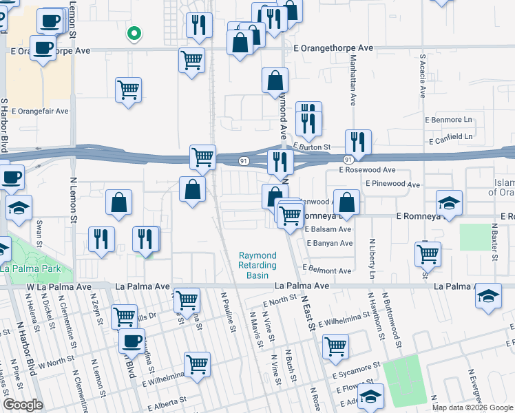 map of restaurants, bars, coffee shops, grocery stores, and more near 1241 North East Street in Anaheim