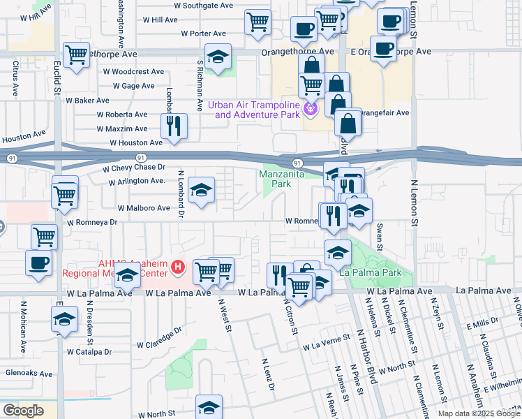 map of restaurants, bars, coffee shops, grocery stores, and more near 907 West Bluejay Lane in Anaheim