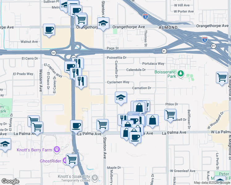map of restaurants, bars, coffee shops, grocery stores, and more near 8109 Carnation Drive in Buena Park