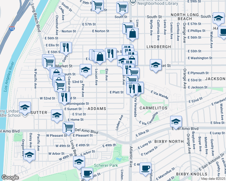 map of restaurants, bars, coffee shops, grocery stores, and more near 415 East Mountain View Street in Long Beach